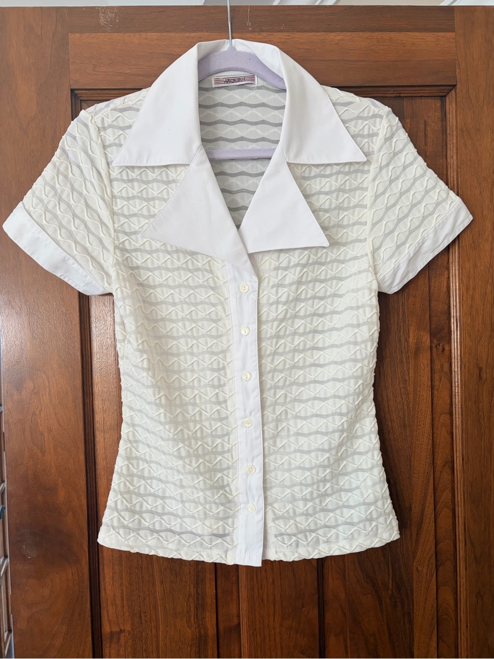 Crisp Off White/White Short-Sleeve Textured Button-Down Blouse